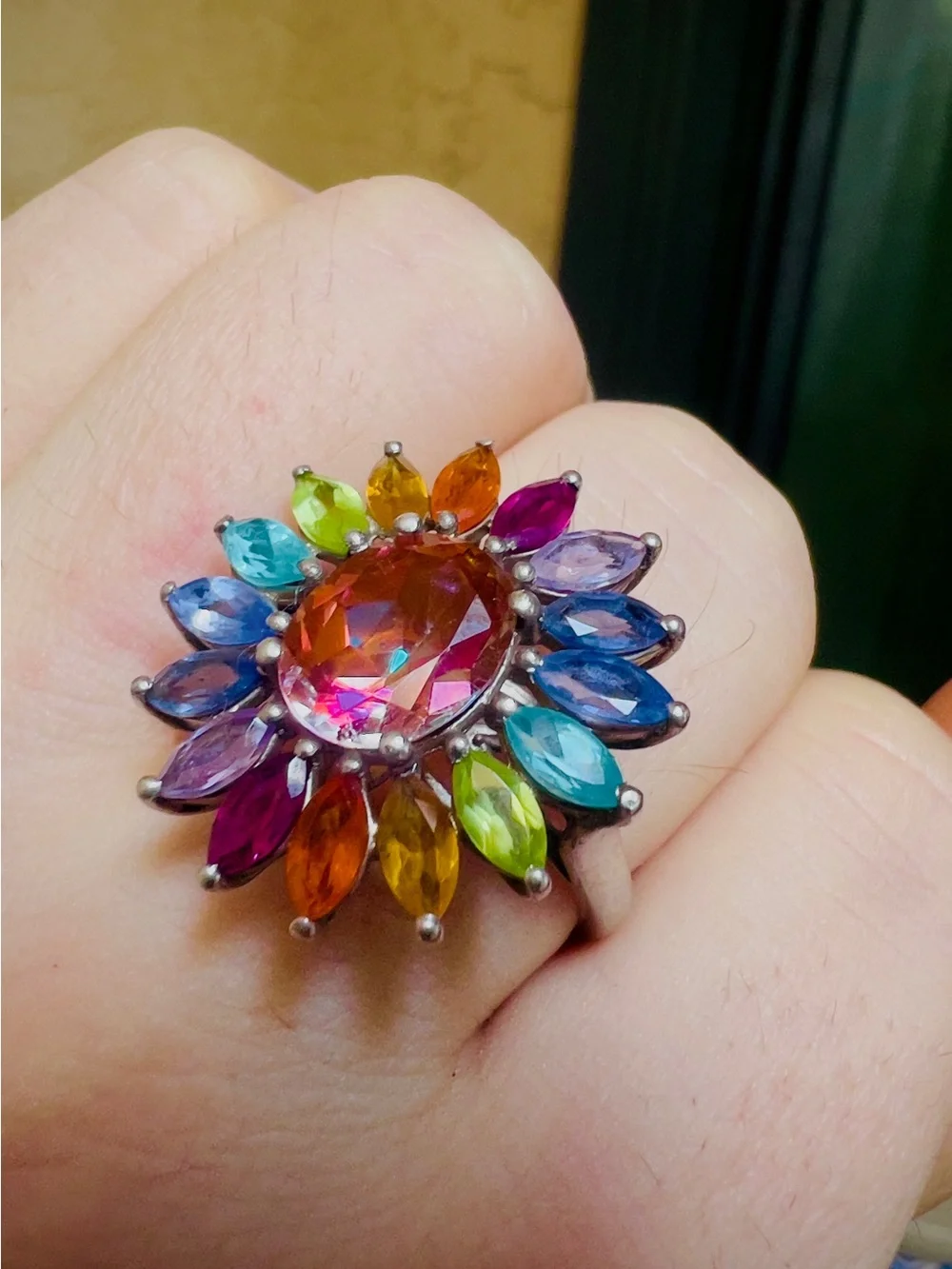 Multicolor Sunburst Gemstone Statement Ring - Size 10